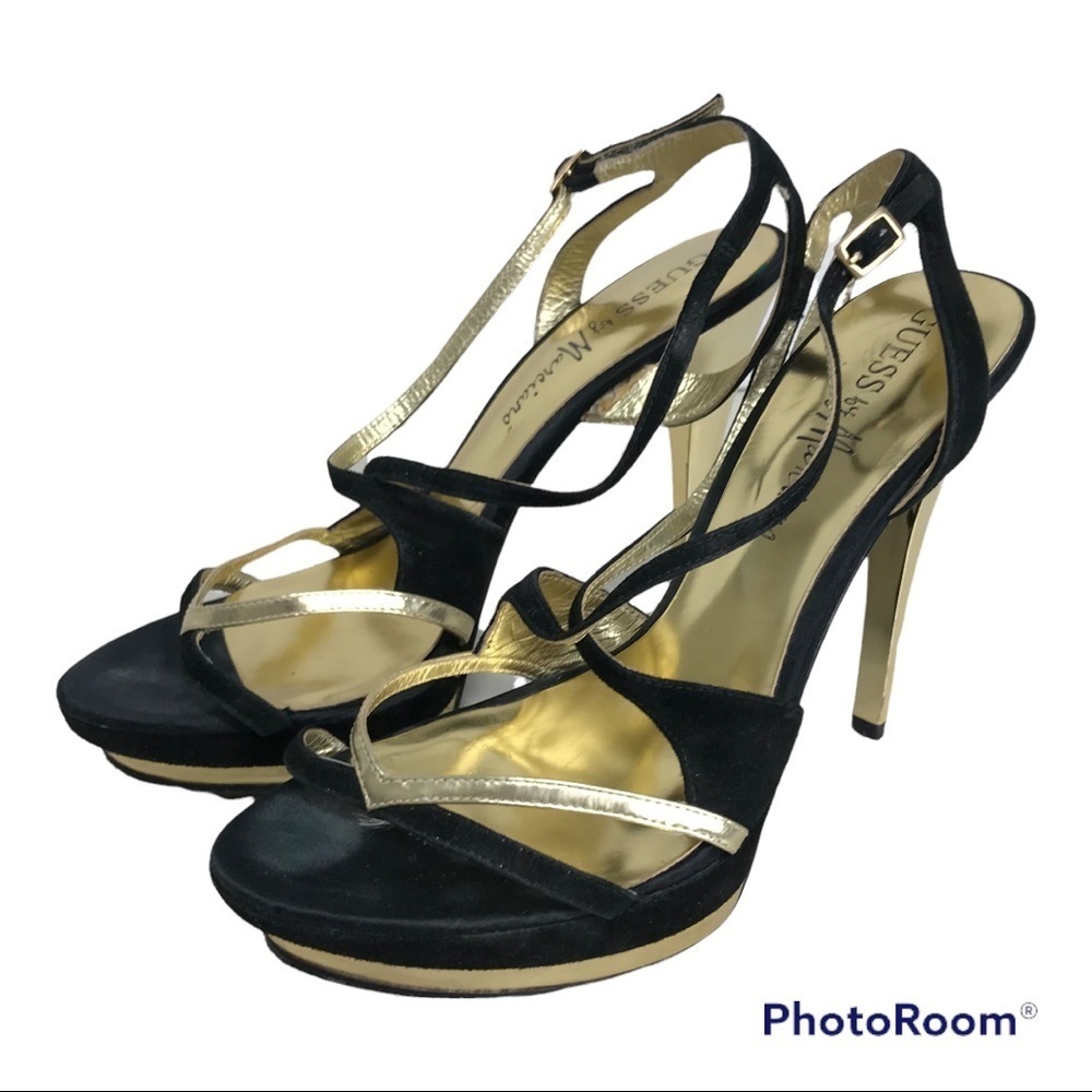 Guess by Marciano - Black & Gold Velvet Platform Strappy Sandal - Size 8…